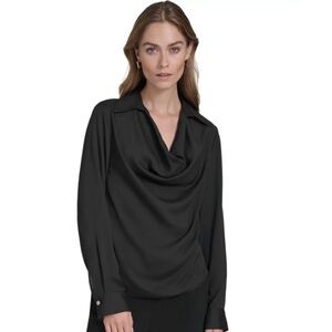 NWOT Halston Heritage Women's Long Sleeve Cowl Neck Black Blouse - Large
